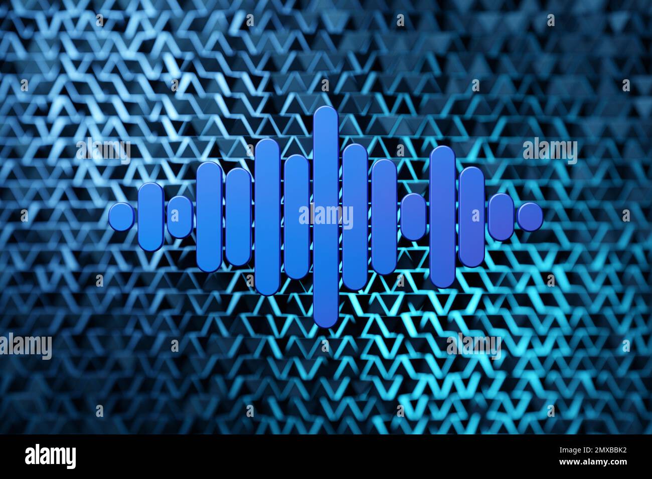 3D Illustration von blau leuchtenden Farblinien. Equalizer für musikalische Linien auf blauem, isoliertem Hintergrund Stockfoto