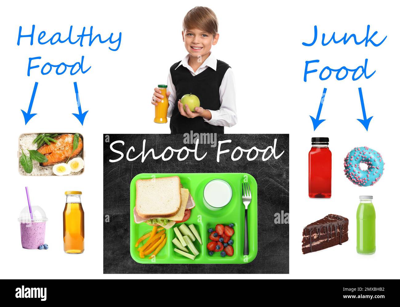 Schuljunge und verschiedene Produkte als Varianten zum Mittagessen. Gesundes und Junk Food Stockfoto