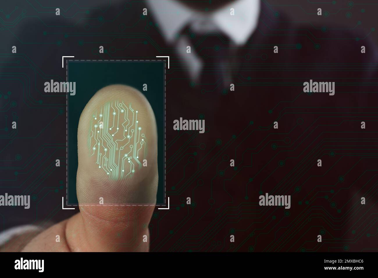 Geschäftsmann mit biometrischem Fingerabdruck-Scanner, Nahaufnahme. Platz für Text Stockfoto