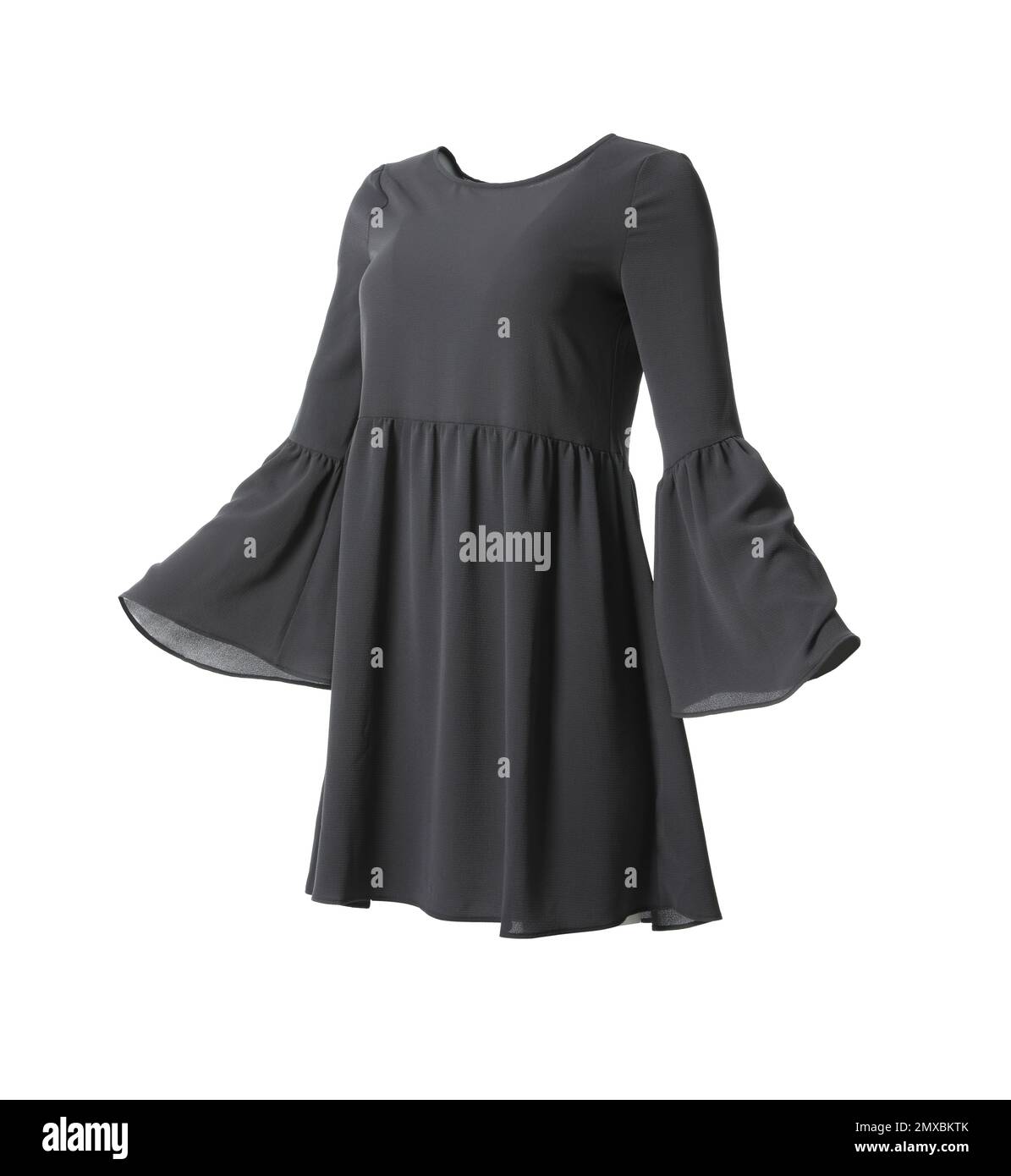 Schönes, kurzes schwarzes Kleid auf weißem Hintergrund Stockfoto