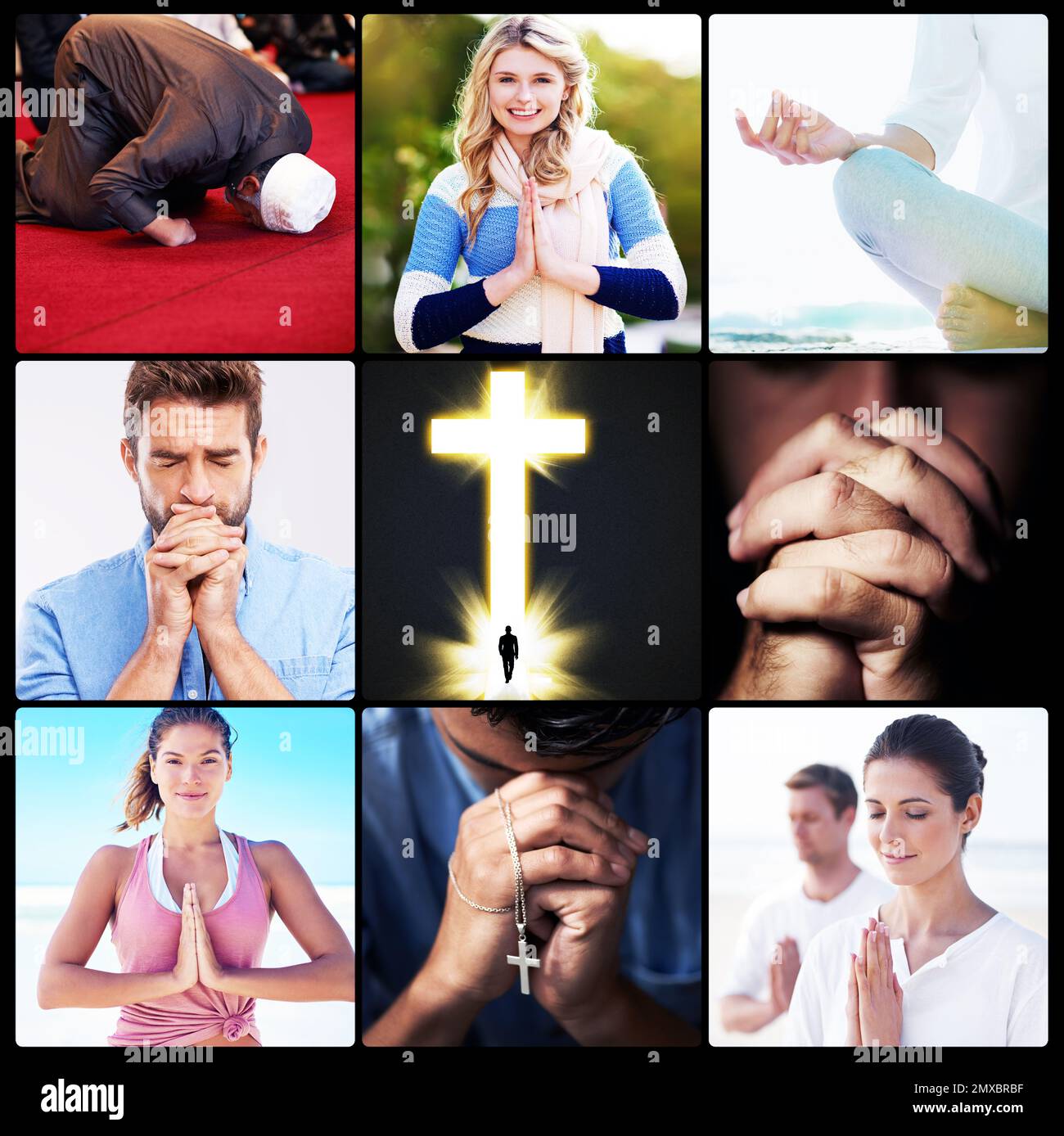 Das viele Gesicht der Spiritualität. Zusammengesetzte Aufnahme von Menschen, die ihre Spiritualität ausdrücken. Stockfoto