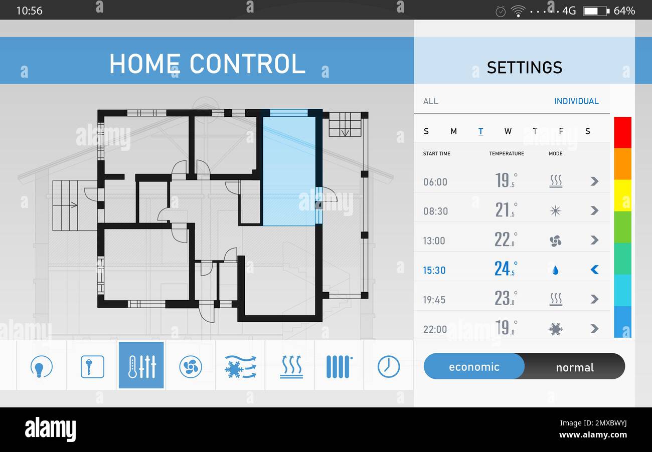 Energieeffizientes Heimsteuerungssystem. Anwendung, die verschiedene  Einstellungen und einen Wohnplan anzeigt Stockfotografie - Alamy