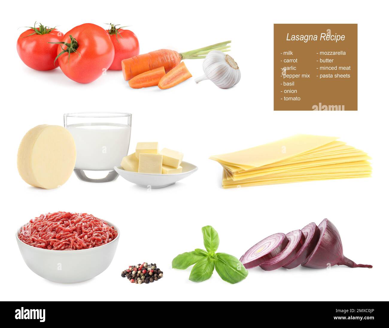 Mit verschiedenen Zutaten auf weißem Hintergrund. Lasagne Rezept Stockfoto