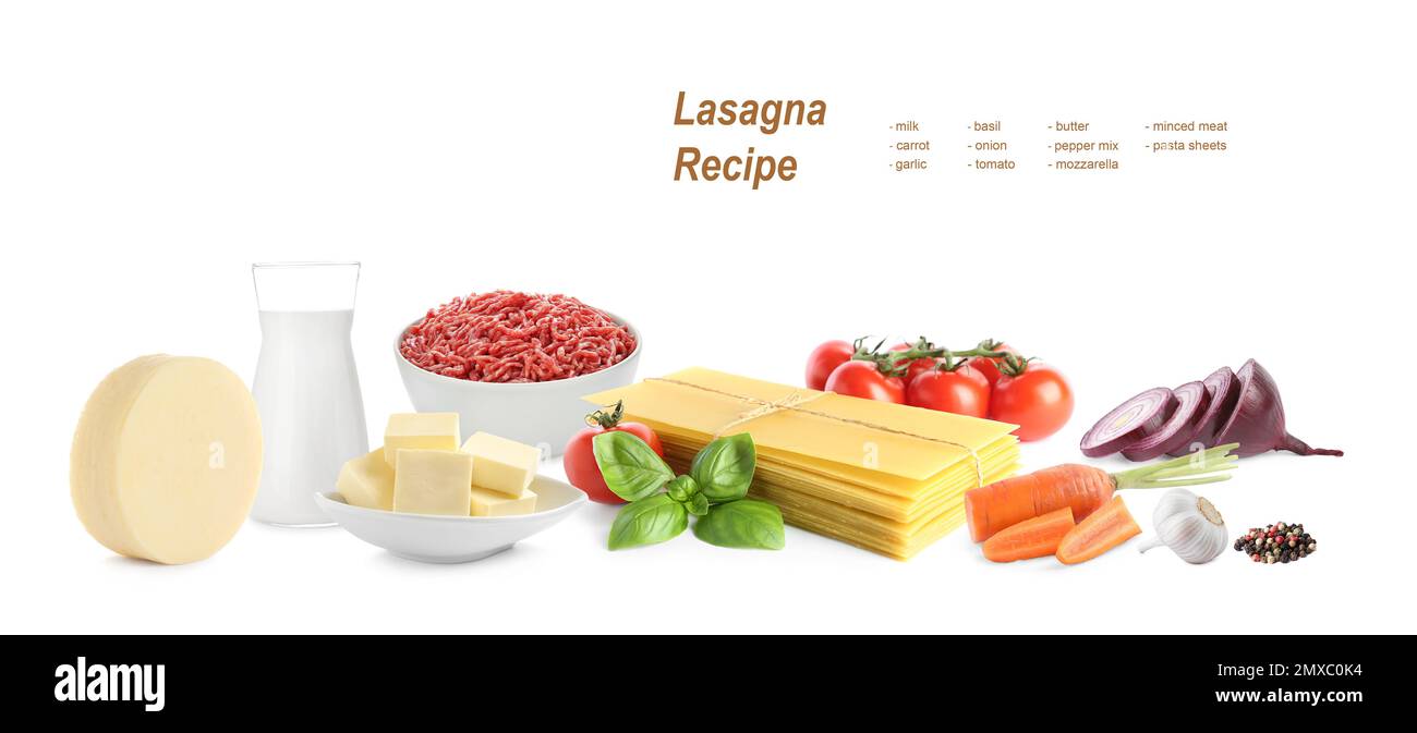 Verschiedene Zutaten für Lasagne auf weißem Hintergrund. Bannerdesign Stockfoto