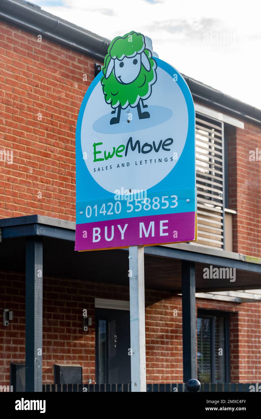 Ewemove Immobilienmakler unterschreiben vor einem Haus zum Verkauf, verkaufen Immobilien, Hampshire, England, Großbritannien Stockfoto
