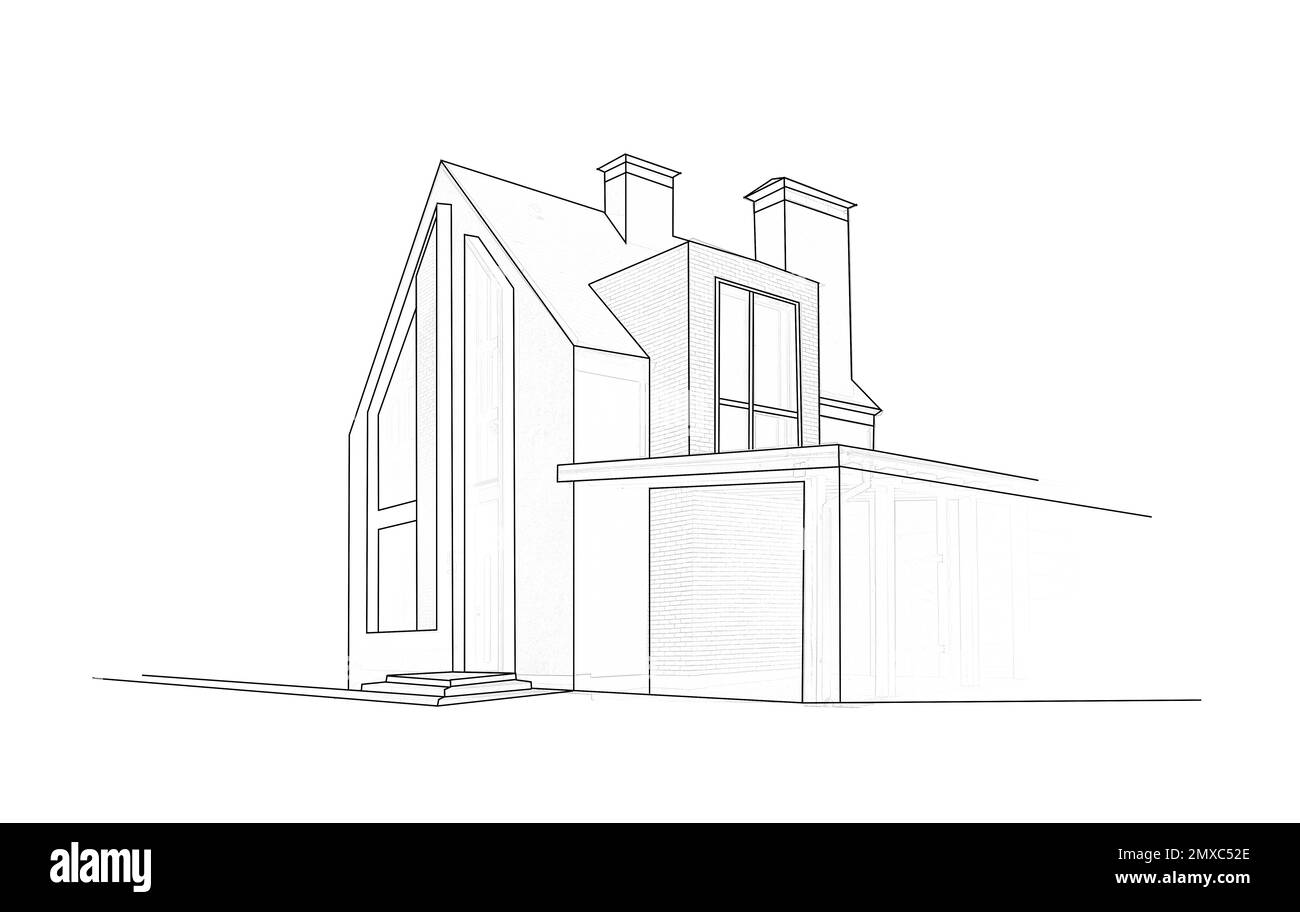 Illustration eines modernen Gebäudes auf weißem Hintergrund Stockfoto