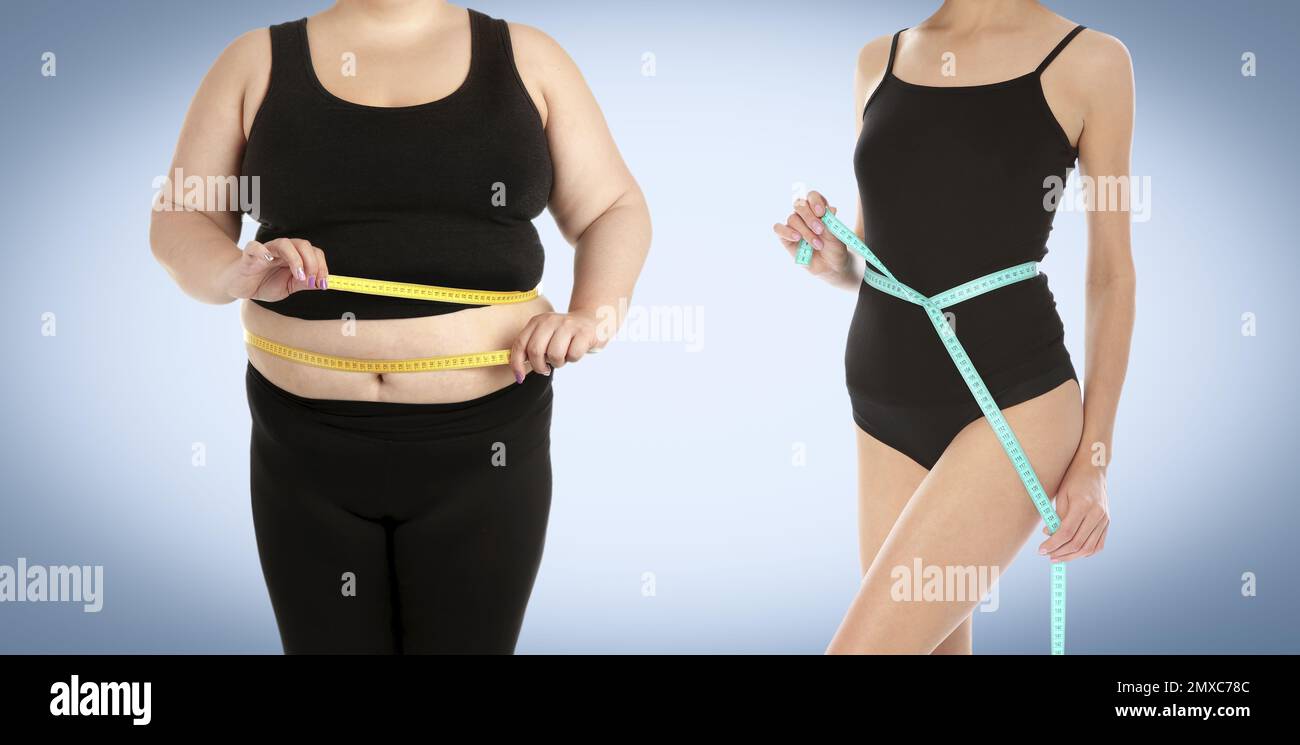 Schlanke und übergewichtige Frauen mit farbigem Hintergrund, Nahaufnahme Stockfoto