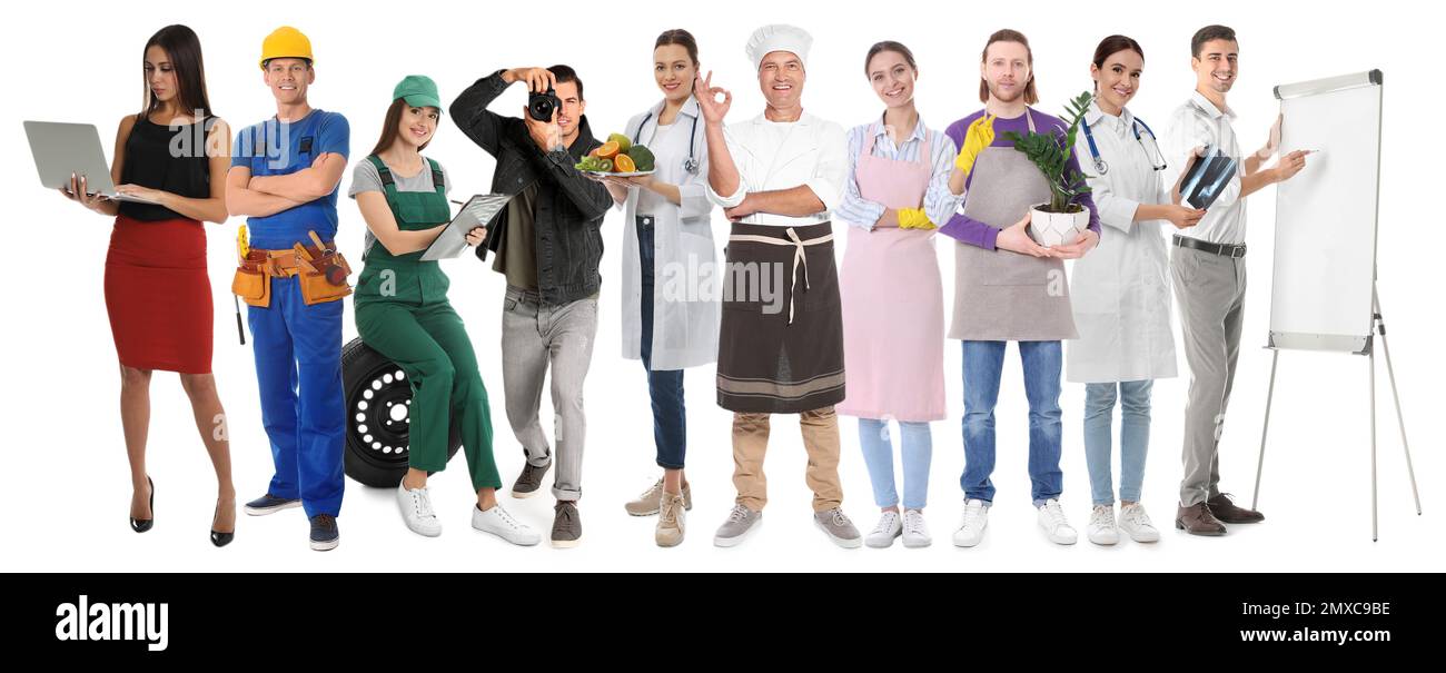Collage mit Menschen verschiedener Berufe auf weißem Hintergrund. Bannerdesign Stockfoto