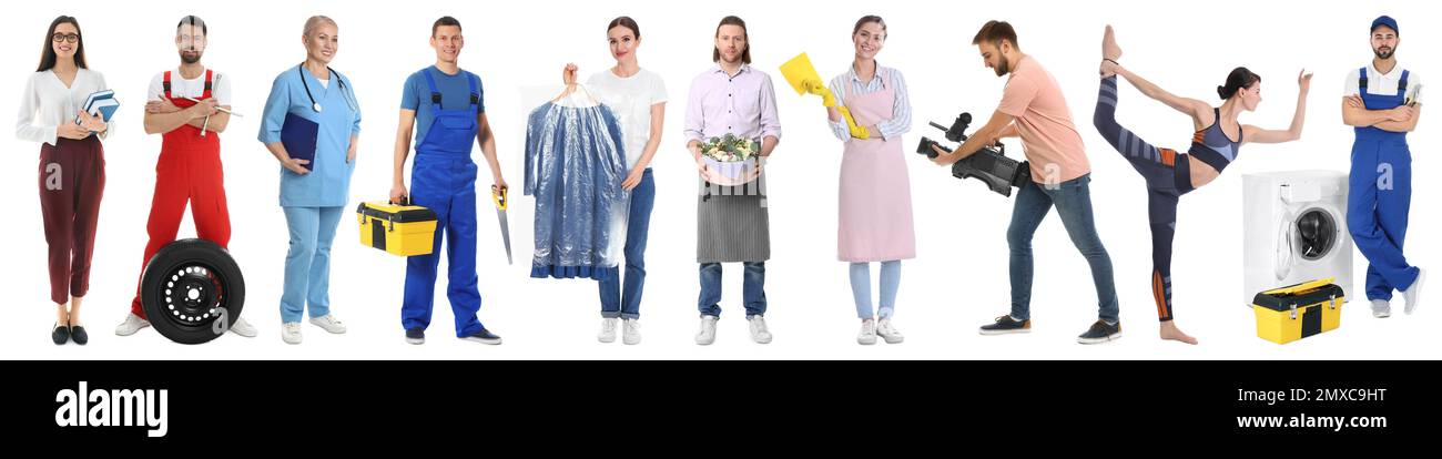 Collage mit Menschen verschiedener Berufe auf weißem Hintergrund. Bannerdesign Stockfoto