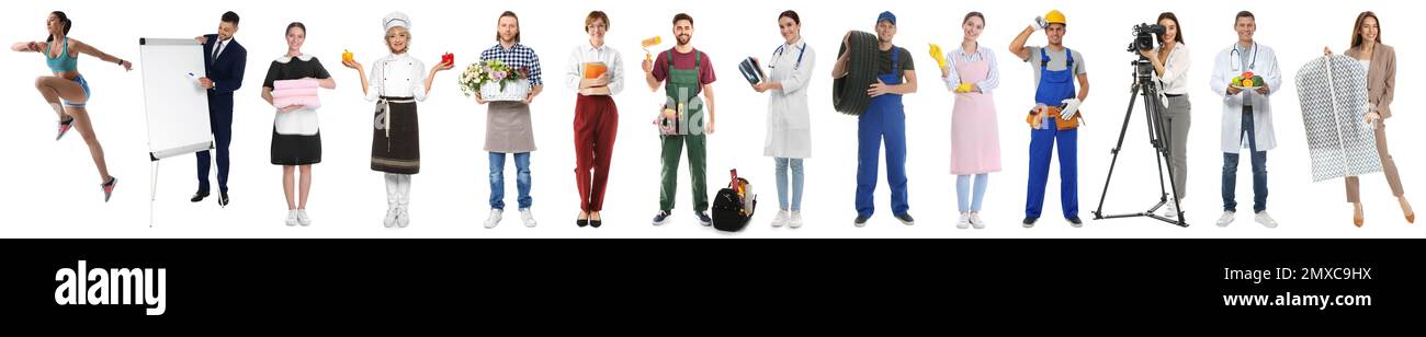 Collage mit Menschen verschiedener Berufe auf weißem Hintergrund. Bannerdesign Stockfoto