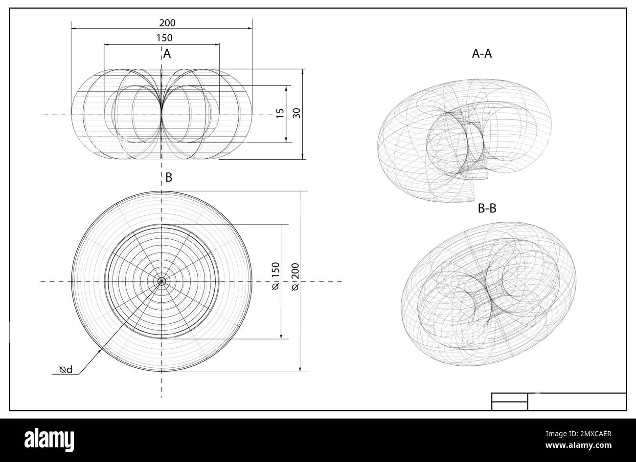 Zeichnung für Maschinenbau und 3D-Skizze als Hintergrund. Technischer Plan Stockfoto