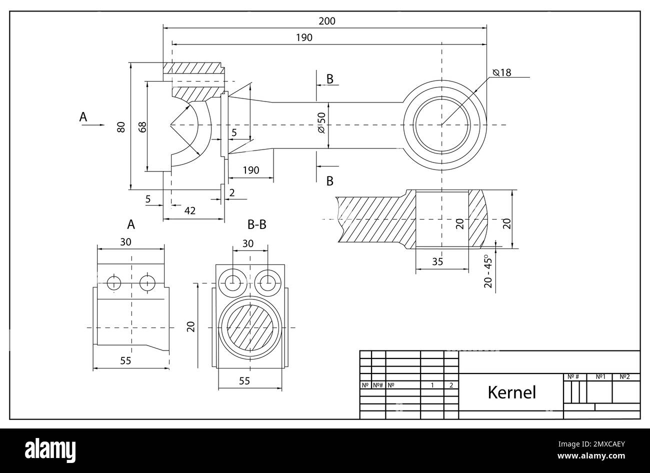 Maschinenbauzeichnung als Hintergrund. Technischer Plan der Pleuelstange des Motors Stockfoto