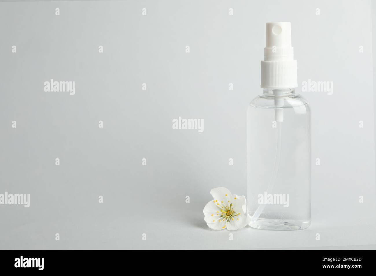 Antiseptisches Spray und Blume auf hellgrauem Hintergrund, Platz für Text Stockfoto