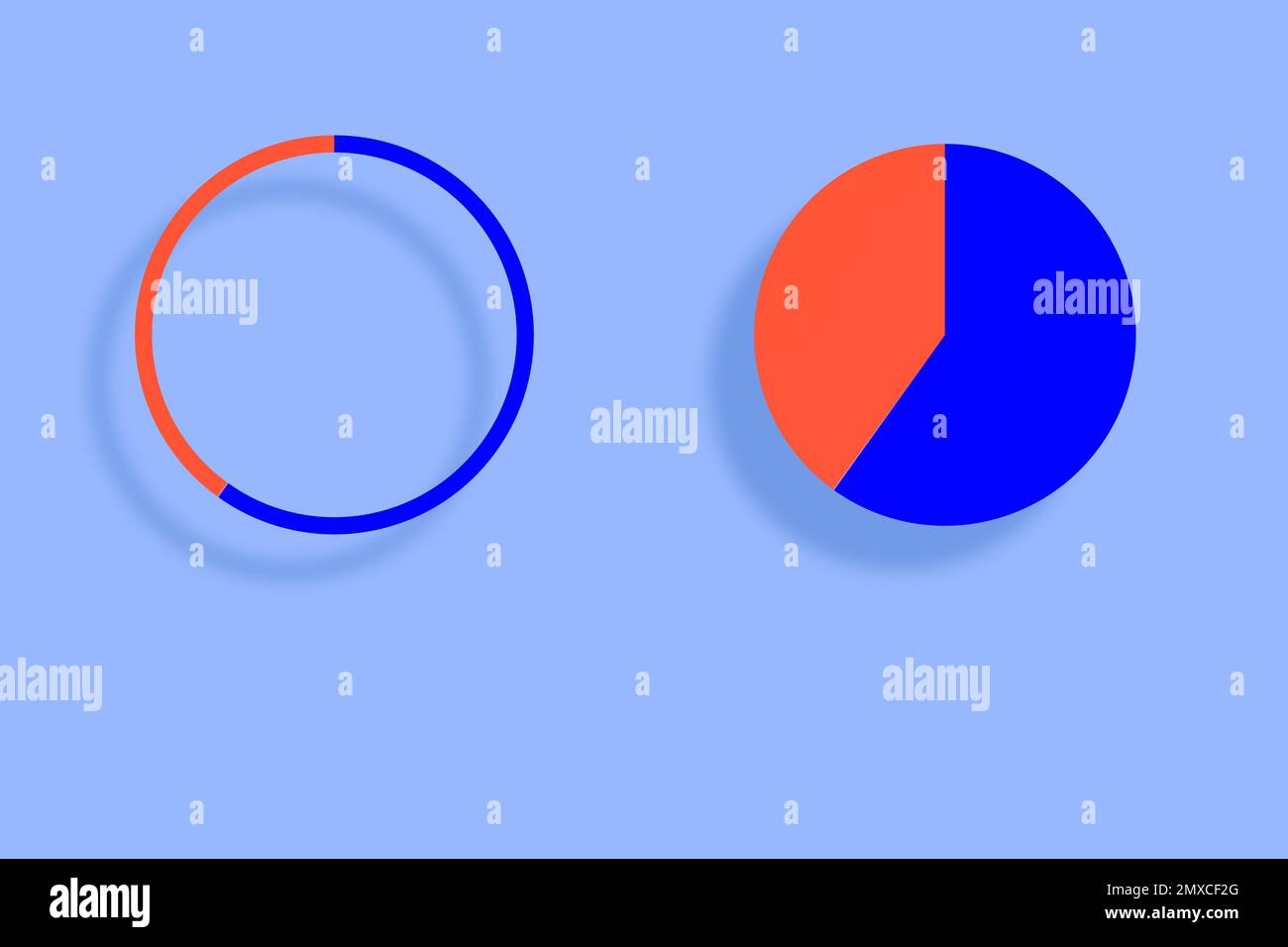 Kreis- und Runddiagramme auf blauem Hintergrund mit Schatten. Stockfoto