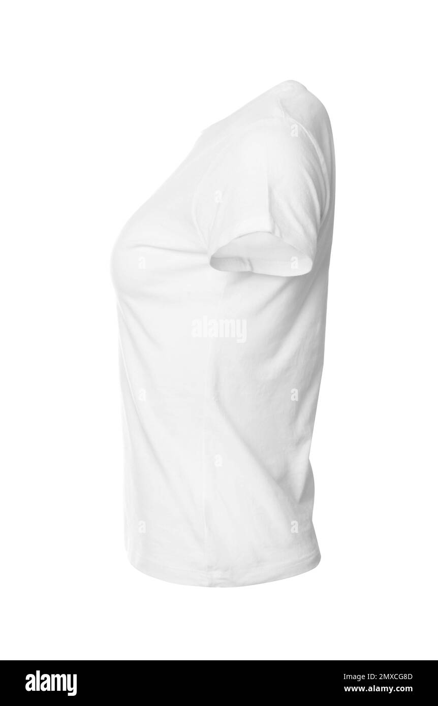 Neues stylisches Frauen-T-Shirt isoliert auf Weiß Stockfoto