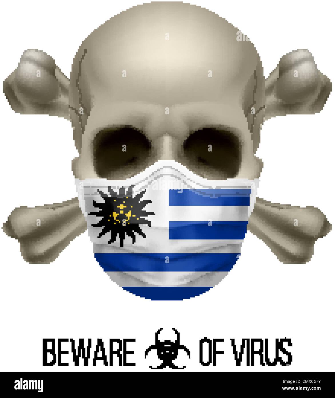 Menschlicher Schädel mit Kreuz und Operationsmaske in der Farbe der Nationalflagge Uruguay. Maske in Form der uruguayischen Flagge und Schädel als Konzept des Dre W Stock Vektor