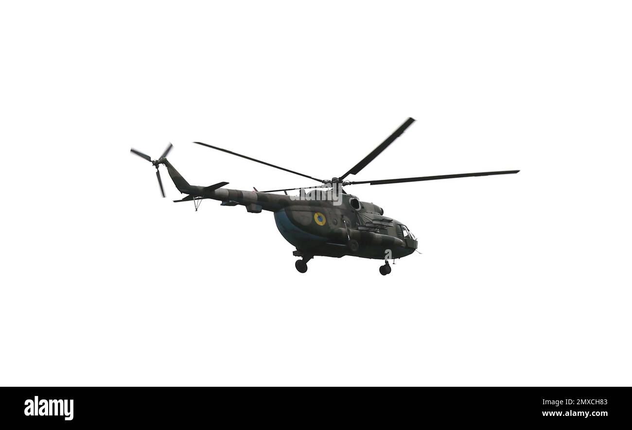 Armee-Helikopter isoliert auf weiß. Militärische Maschinen Stockfoto