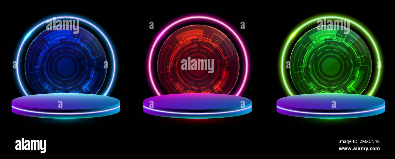 Set mit digitaler 3D-Technologie Cyberpunk-Podiumanzeige Blau, Rot, Grün leuchtende Neonfarben Lichtkreise rund geschwungener Hintergrund isoliert auf schwarzem b Stock Vektor