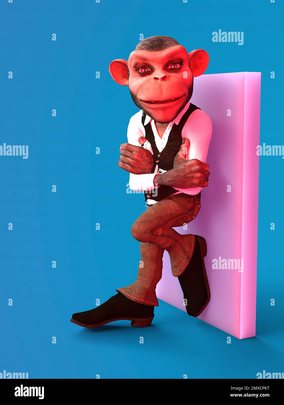 3D-Darstellung eines süßen und lustigen menschlichen Zeichentrickaffen-Tieres im Freizeitanzug Stockfoto