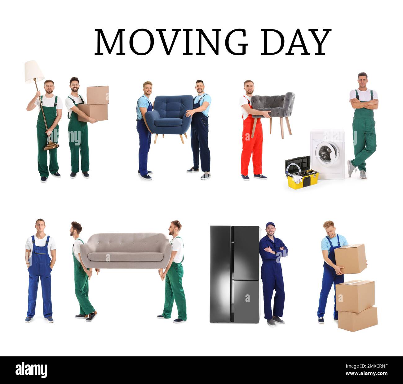 Collage mit Fotos von Arbeitern mit Möbeln und Geräten auf weißem Hintergrund. Umzugsdienst Stockfoto