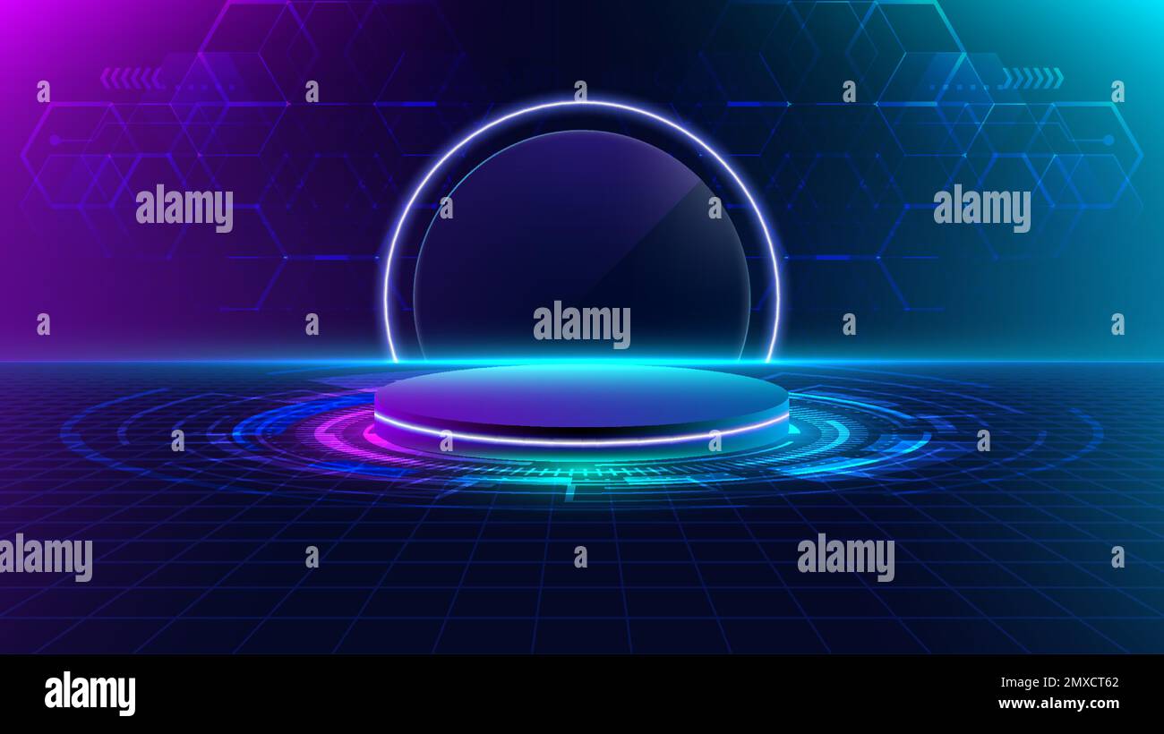 3D realistische Technologie Digitales Cyberpunk-Podium-Display Neon-Lichtkreis-Portal mit HUD-geometrischen Elementen und Beleuchtungseffekt auf dunkelblauem Hintergrund Stock Vektor