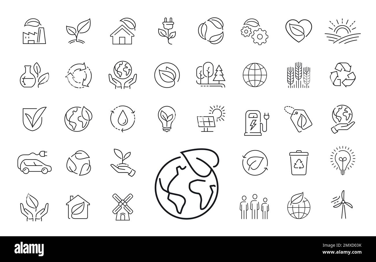 Dünne Linien Symbole für Ökologie, Umwelt und Nachhaltigkeitskonzepte. Sammlung von Umrisssymbolen und -Zeichen Stock Vektor