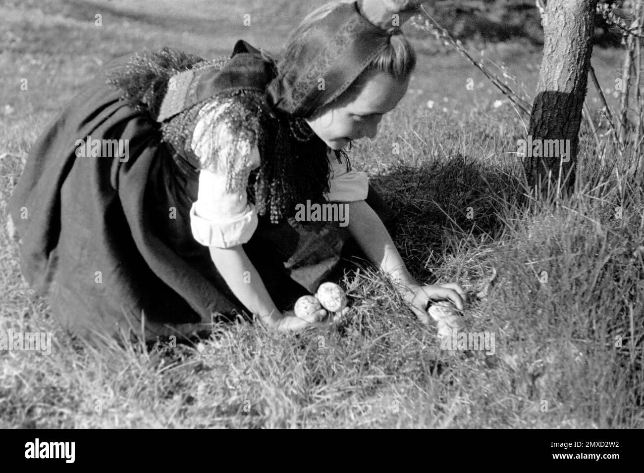 Mädchen auf der Suche nach Ostereiern, Schwalm-Eder-Kreis in Hessen, 1938. Mädchen auf der Suche nach Ostereiern, Region Schwalm-Eder in Hessen, 1938. Stockfoto