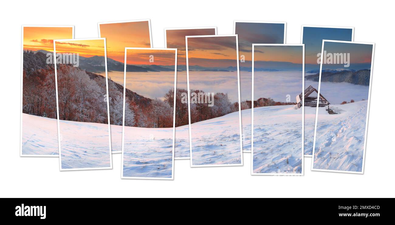 Isolierte 10-Bilder-Collage des Sonnenaufgangs in schneebedeckten Bergen. Beeindruckender Winterblick auf die Karpaten. Modell eines modularen Fotos. Stockfoto