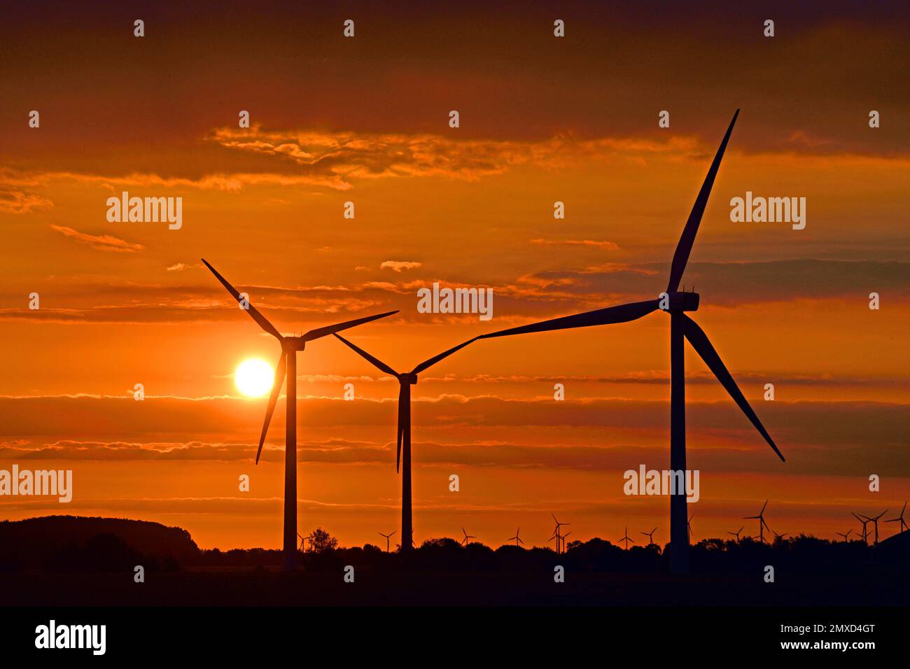 Windturbinen vor dem Sonnenuntergang, Deutschland, Hamburg Stockfoto