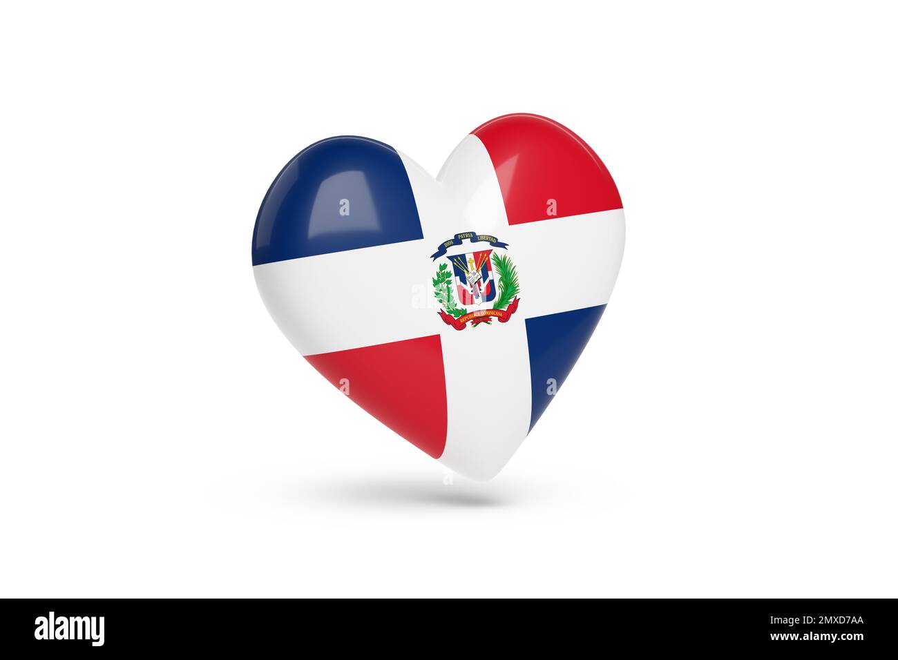 Herz mit den Farben der Flagge der Dominikanischen Republik isoliert auf weißem Hintergrund. 3D Abbildung. Stockfoto