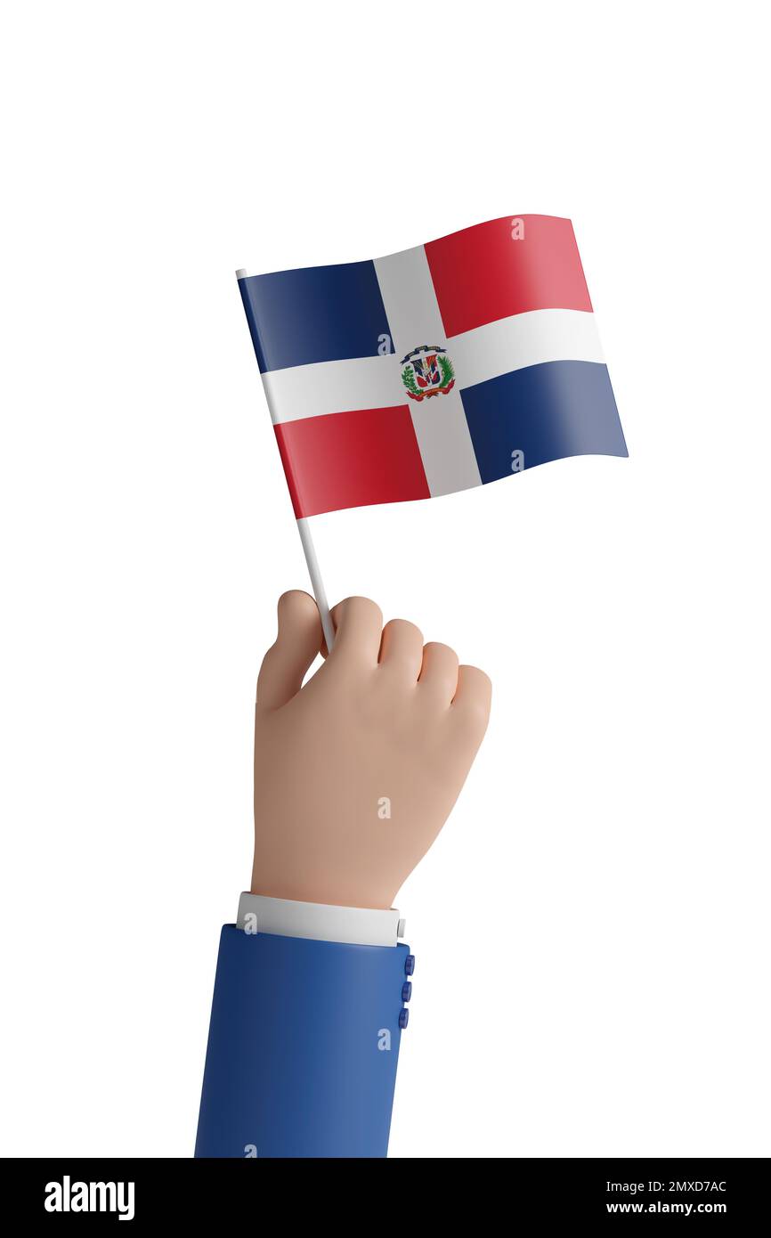 Karikaturhand mit der Flagge der Dominikanischen Republik isoliert auf weißem Hintergrund. 3D Abbildung. Stockfoto