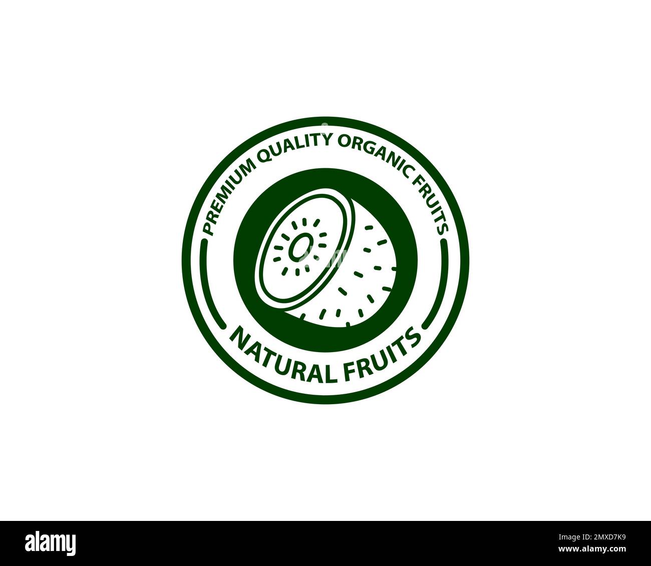 Kreatives Kreislogo Kiwi mit rundem halben Schnitt des Fruchtscheibensymbols und kreisförmigen Samen-Symbolen für die Kennzeichnung enthält natürliches biologisches Kiwi-Fruchtextr Stock Vektor