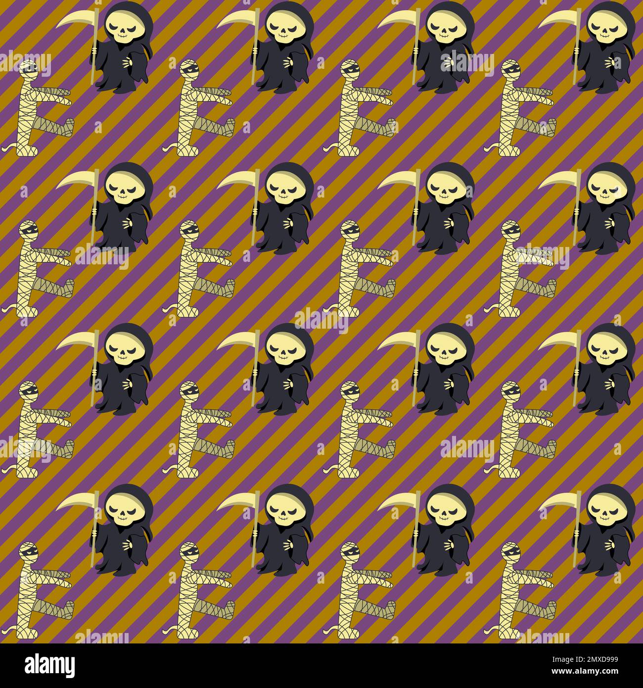 Nahtloses Muster Halloween Party mit Mama und Death Sensenmann auf einem diagonal gestreiften Hintergrund Stock Vektor
