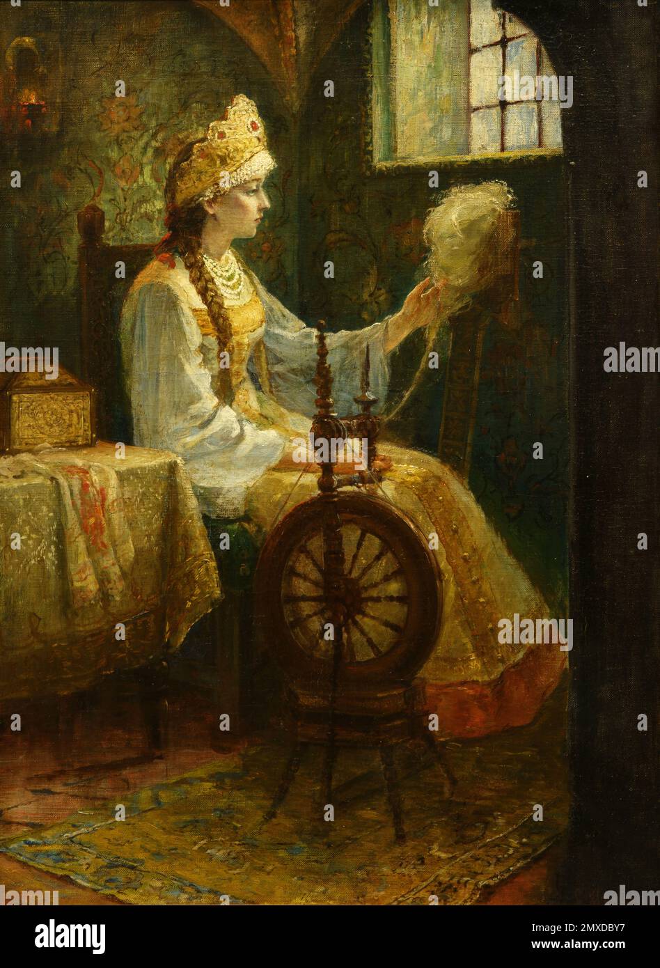 Boyarynya im Spinning Wheel. Museum: PRIVATE SAMMLUNG. Autor: Sergej Dmitrijewitsch Miloradovich. Stockfoto