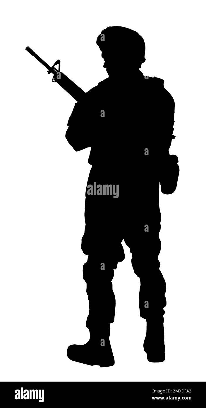 Silhouette eines Soldaten mit Sturmgewehr auf weißem Hintergrund. Militärdienst Stockfoto