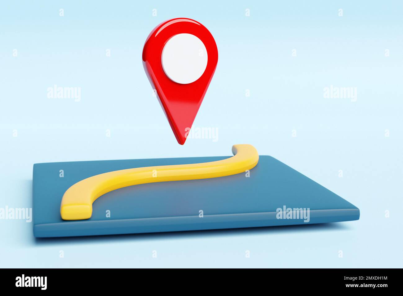 3D Abbildung der Markierung von Geolacation mit einer roten, gewundenen Routenmarkierung auf einer blauen Karte Stockfoto