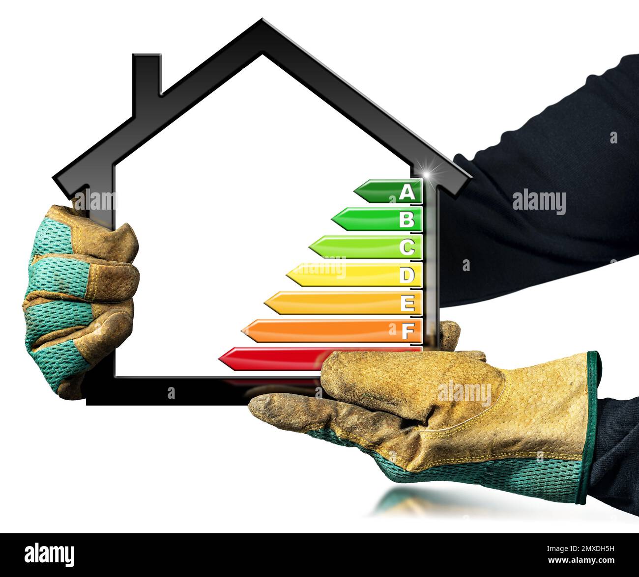 Energieeffizienzklasse des Hauses. Handwerker mit Schutzhandschuhen, die ein Modellhaus mit dem Diagramm zur Energieleistung halten. Isoliert auf weiß. Stockfoto