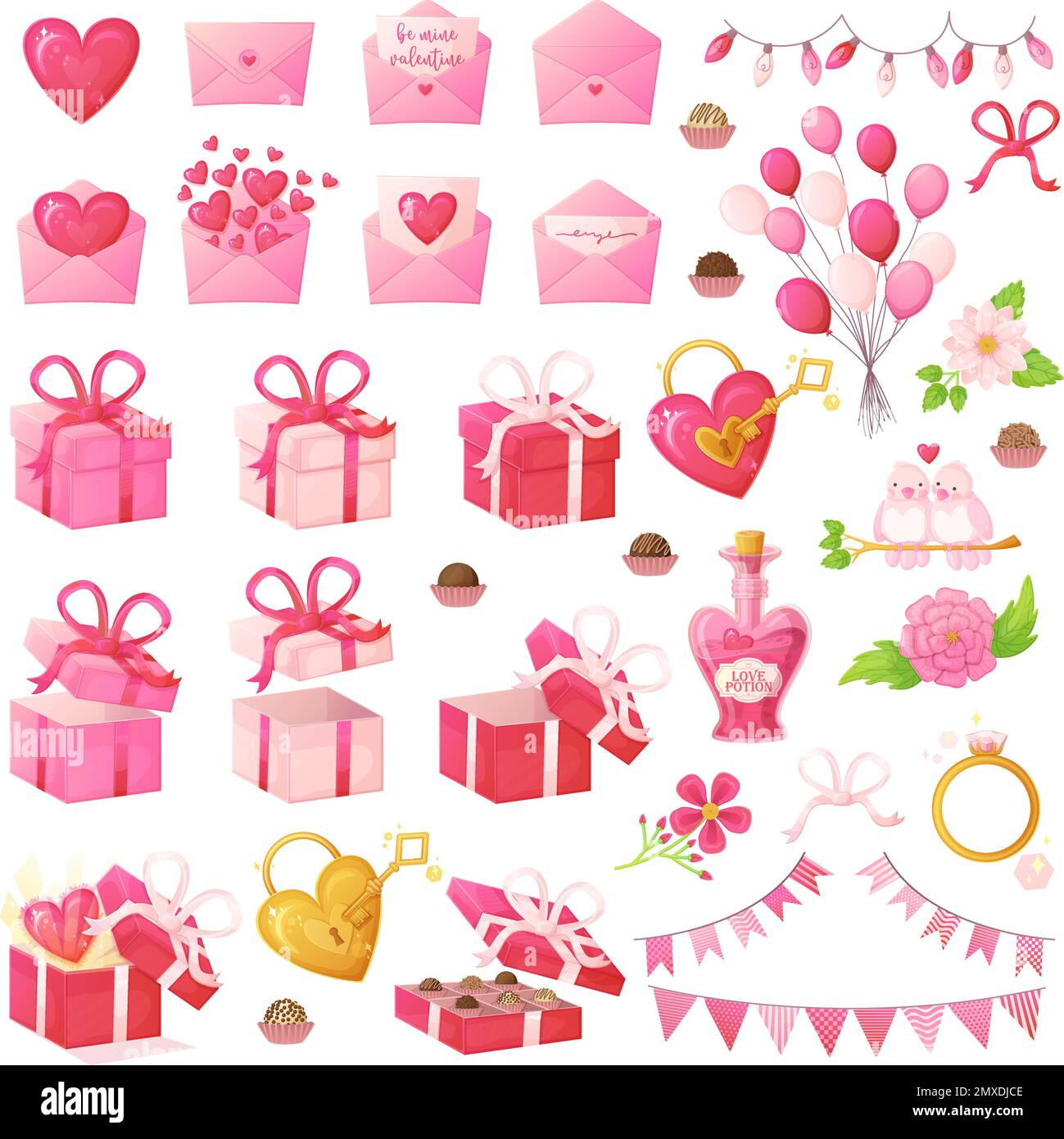 Pinkfarbenes Set zum Valentinstag. Romantische Dekorationssymbole im realistischen Cartoon-Stil Stock Vektor