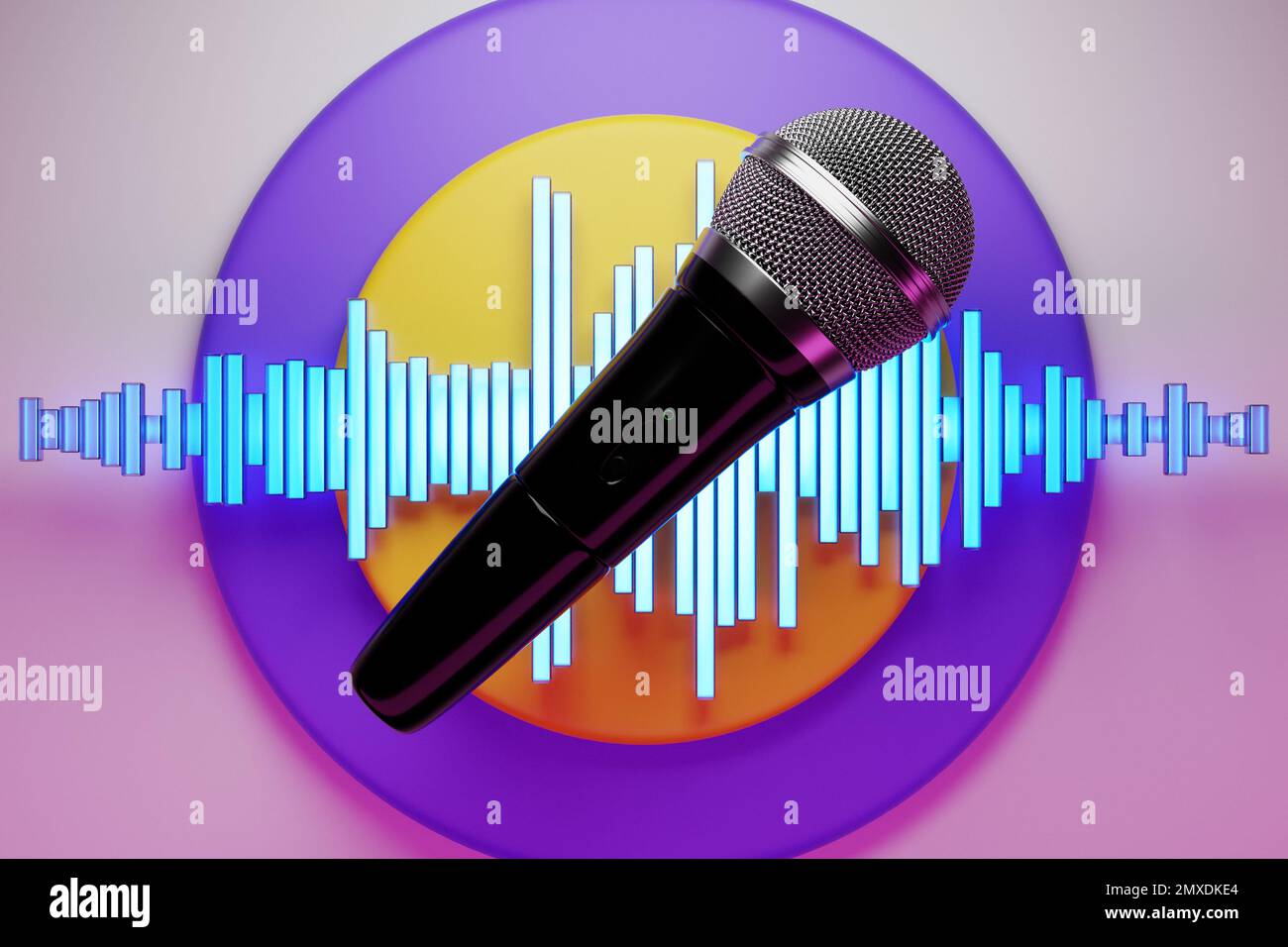 Silbernes Mikrofon, Modell vor dem Hintergrund der Equalizer-Linien,  realistische 3D Illustration. Music Award, Karaoke, Radio und  Aufnahme-Studio sou Stockfotografie - Alamy