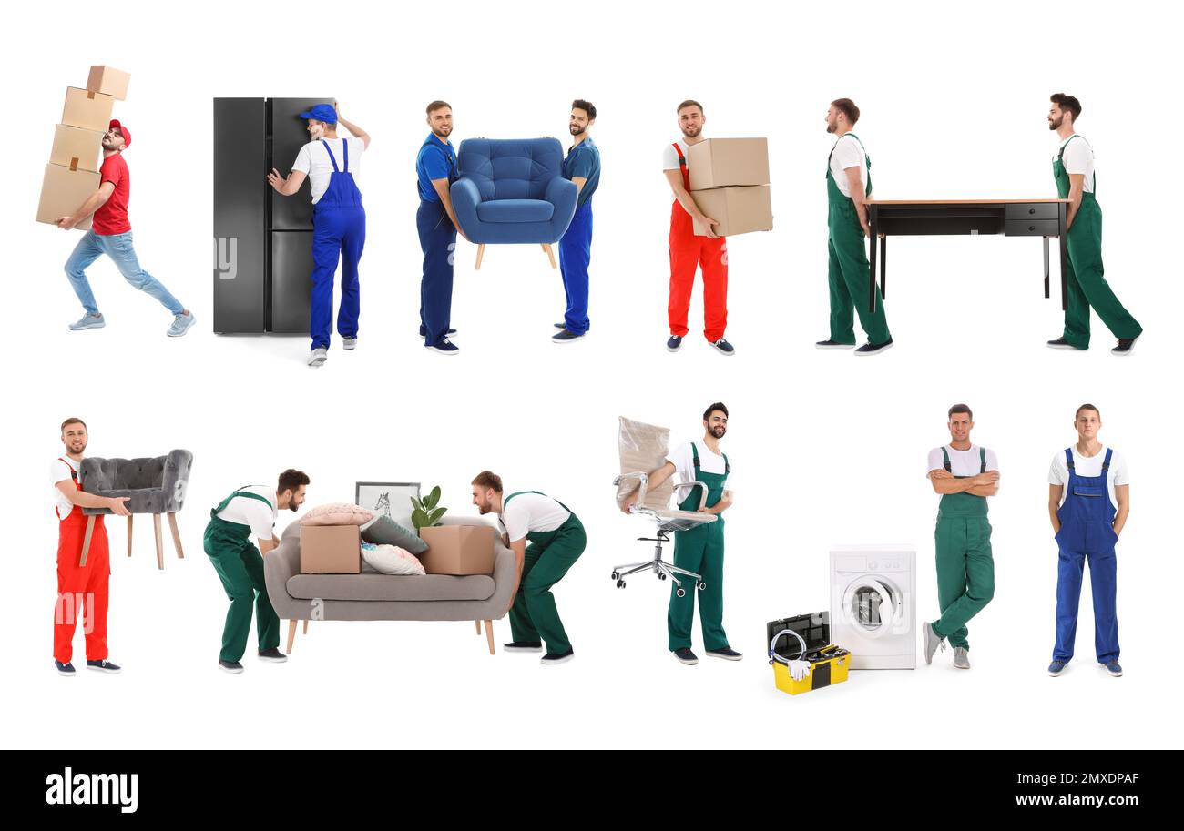 Collage mit Fotos von Arbeitern, die Möbel und Geräte auf weißem Hintergrund transportieren Stockfoto