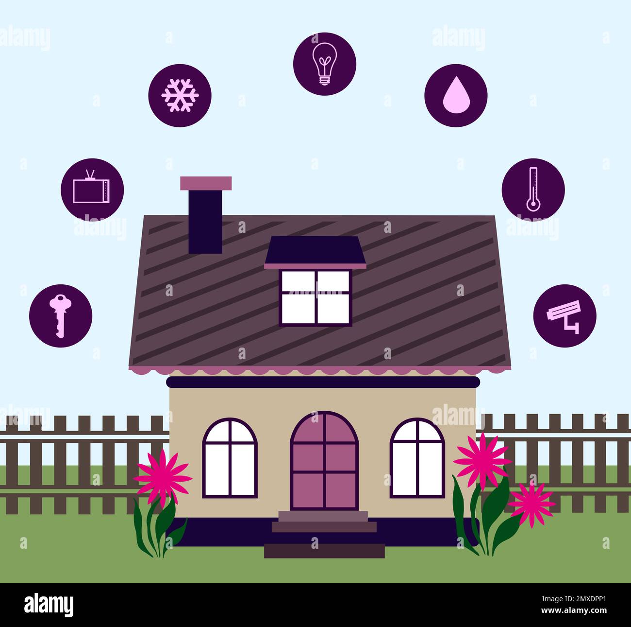 Illustration der Smart-Home-Technologie mit automatischen Systemen und Symbolen auf farbigem Hintergrund Stockfoto