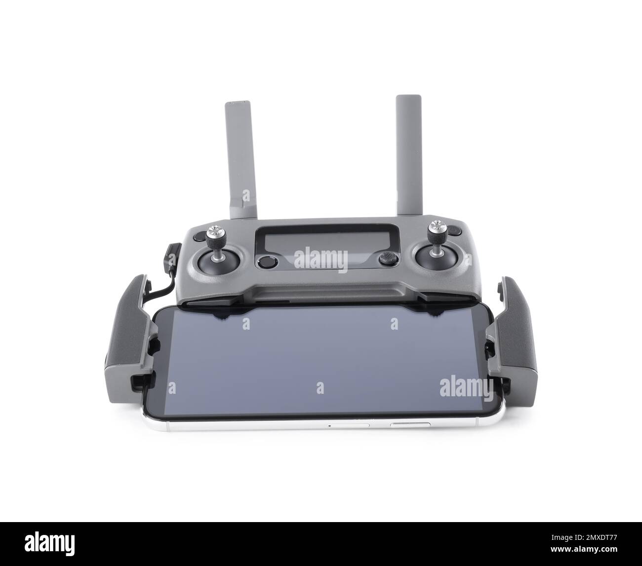 Drohnen-Controller mit Smartphone isoliert auf weiß Stockfoto