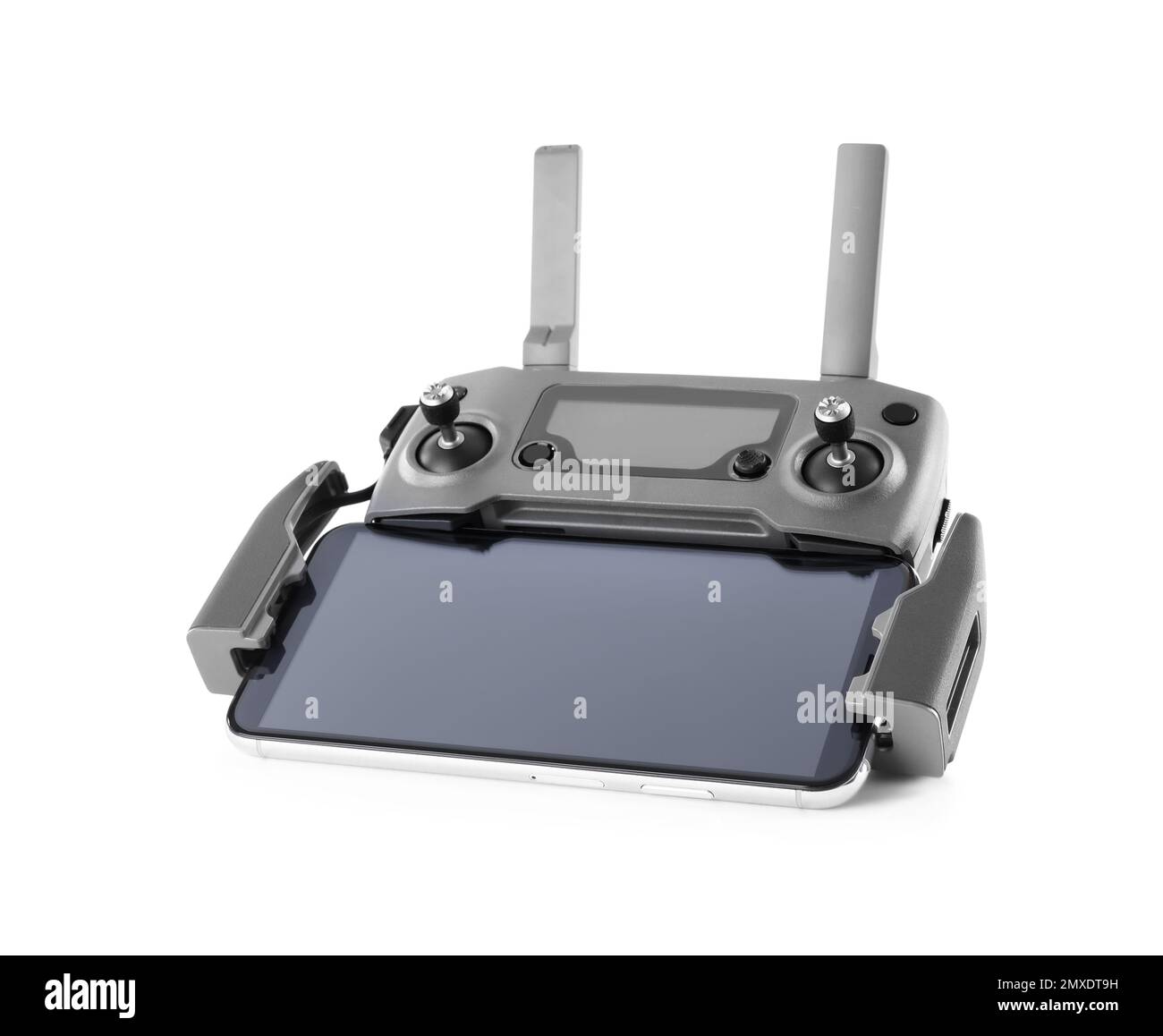 Drohnen-Controller mit Smartphone isoliert auf weiß Stockfoto