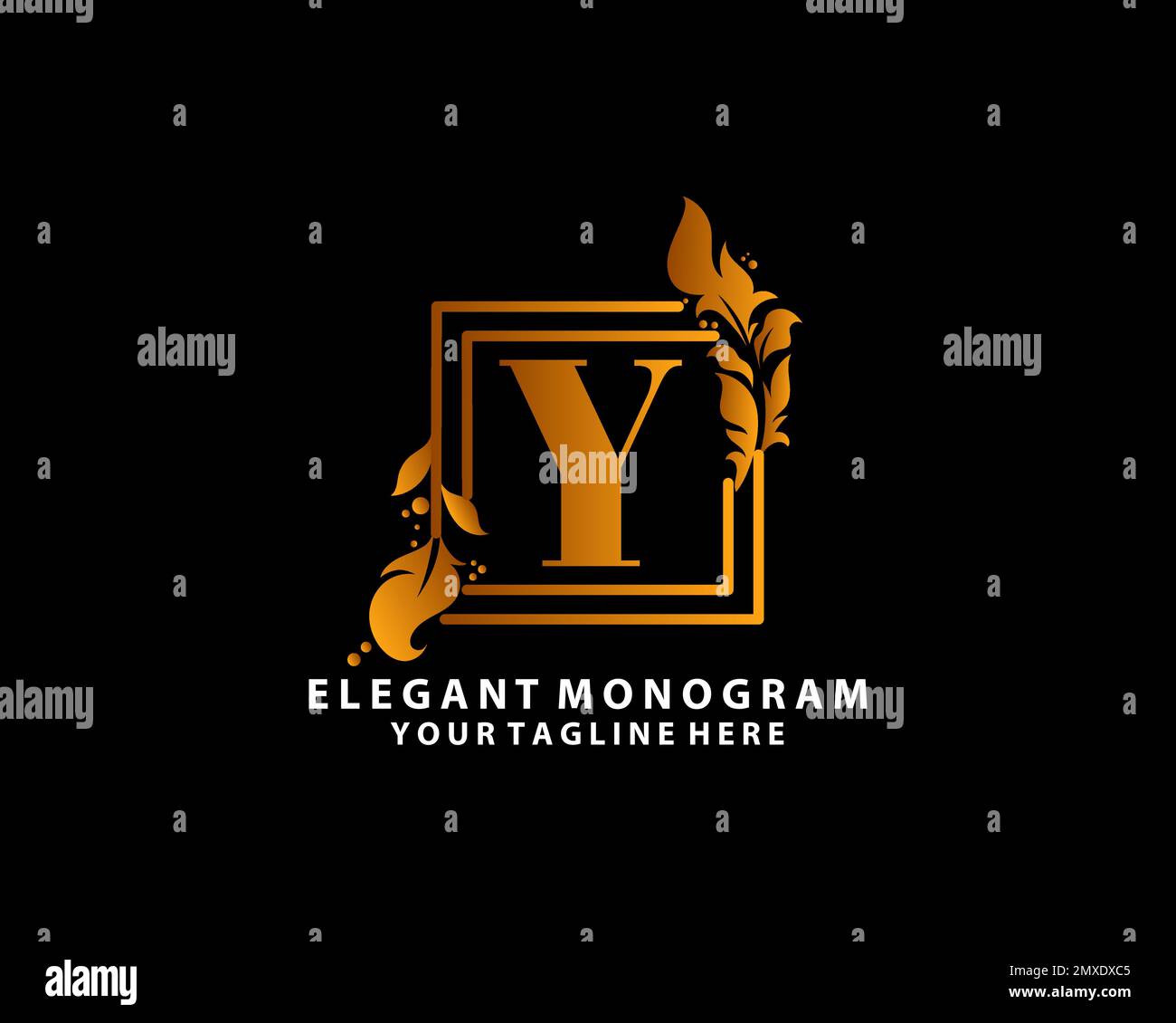 Designvorlage für das Logo mit Buchstabe „Y“. Dekoratives Blumenschild, Illustration. Sicherheitslogo in Metallic Gold. Isoliert auf Marineblau Stock Vektor