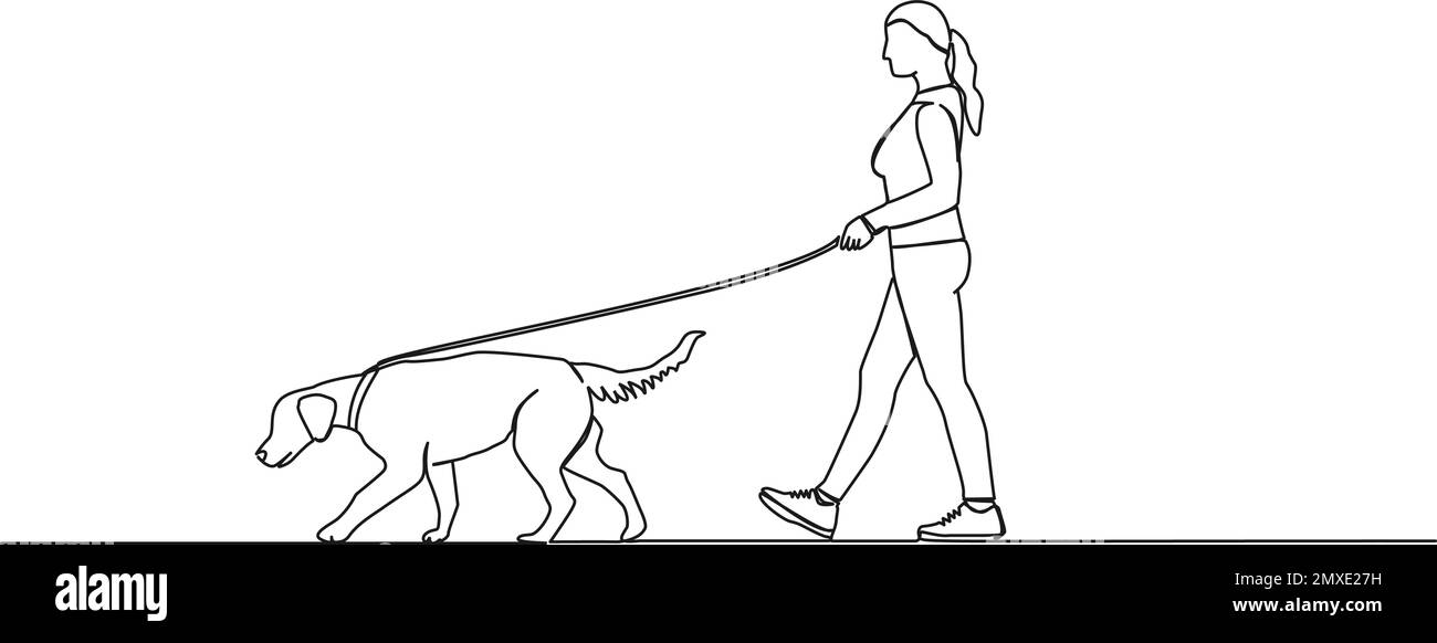 Fortlaufende einzeilige Zeichnung einer Frau, die mit ihrem Hund Gassi geht, Strichkunst-Vektordarstellung Stock Vektor