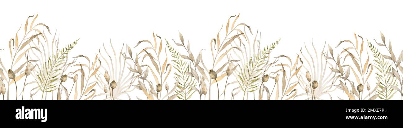 Nahtloser Blumenrand im BHO-Stil mit trockenen Pflanzen. Handgezeichnetes Aquarellmuster für Hochzeitseinladungen oder Grußkarten mit Gras und wilden Zweigen auf isoliertem Hintergrund. Pastellbeige. Stockfoto