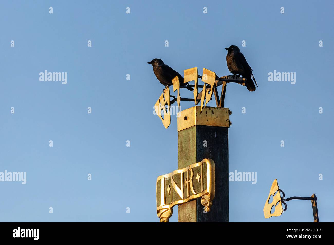 Zwei eurasische Dummköpfe, die auf einem goldenen Schild mit jüdischen Buchstaben, INRI, in Prag auf einer Karlsbrücke stehen. Sonniger Tag mit blauem Himmel. Stockfoto
