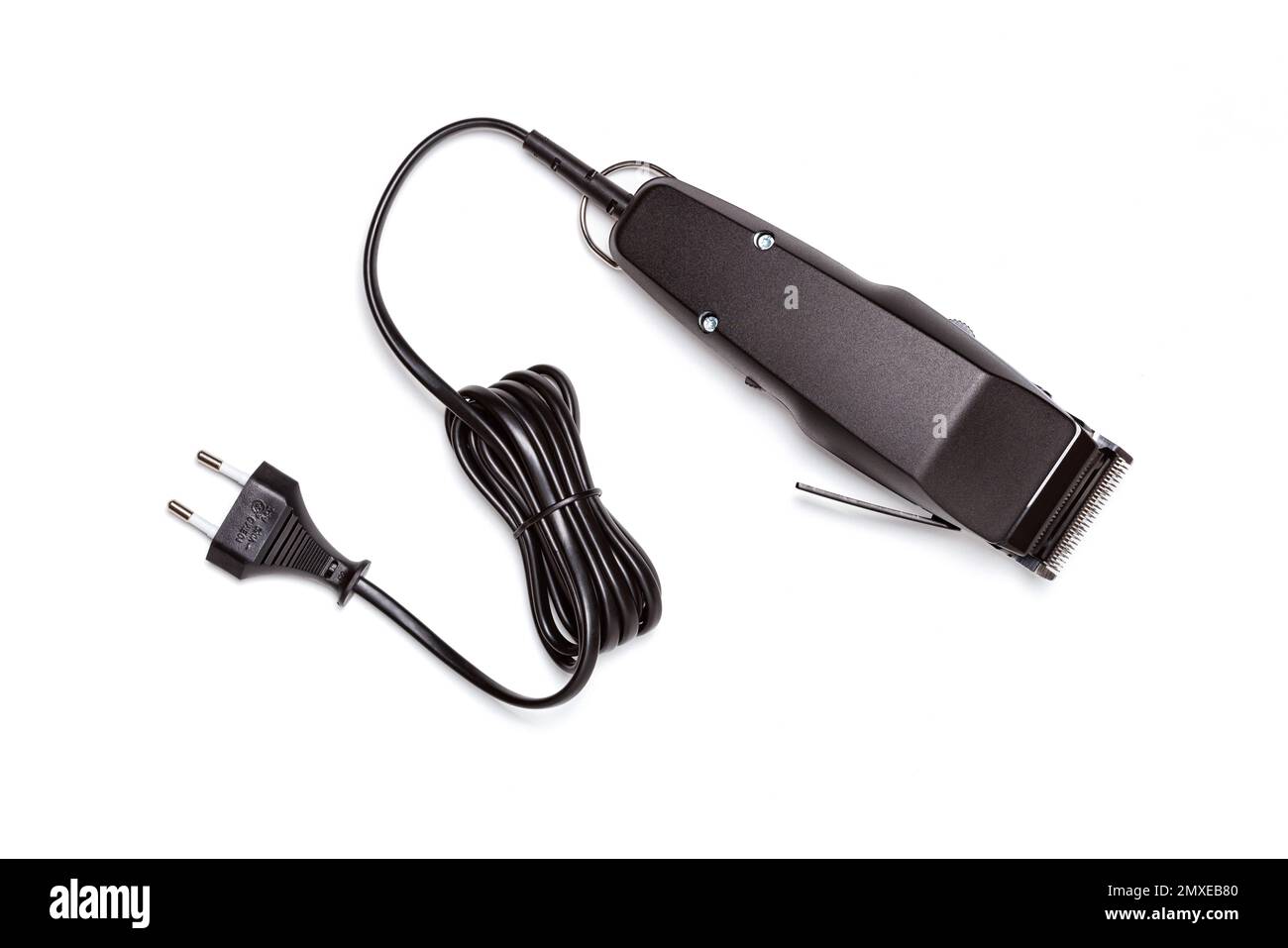 Professioneller Haarschneider isoliert auf weißem Hintergrund. Draufsicht auf den elektrischen schwarzen Haarschneider, Nahaufnahme Stockfoto