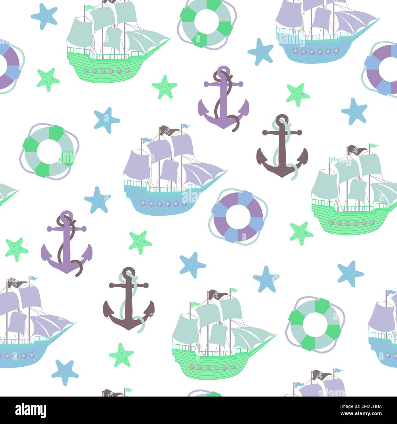 Vektor nahtlose Muster mit Schiff, Anker, Rettungsring.Unterwasser Cartoon Creatures.Marine Hintergrund.Süße Ozean-Muster für Stoff, Kinderkleidung Stock Vektor