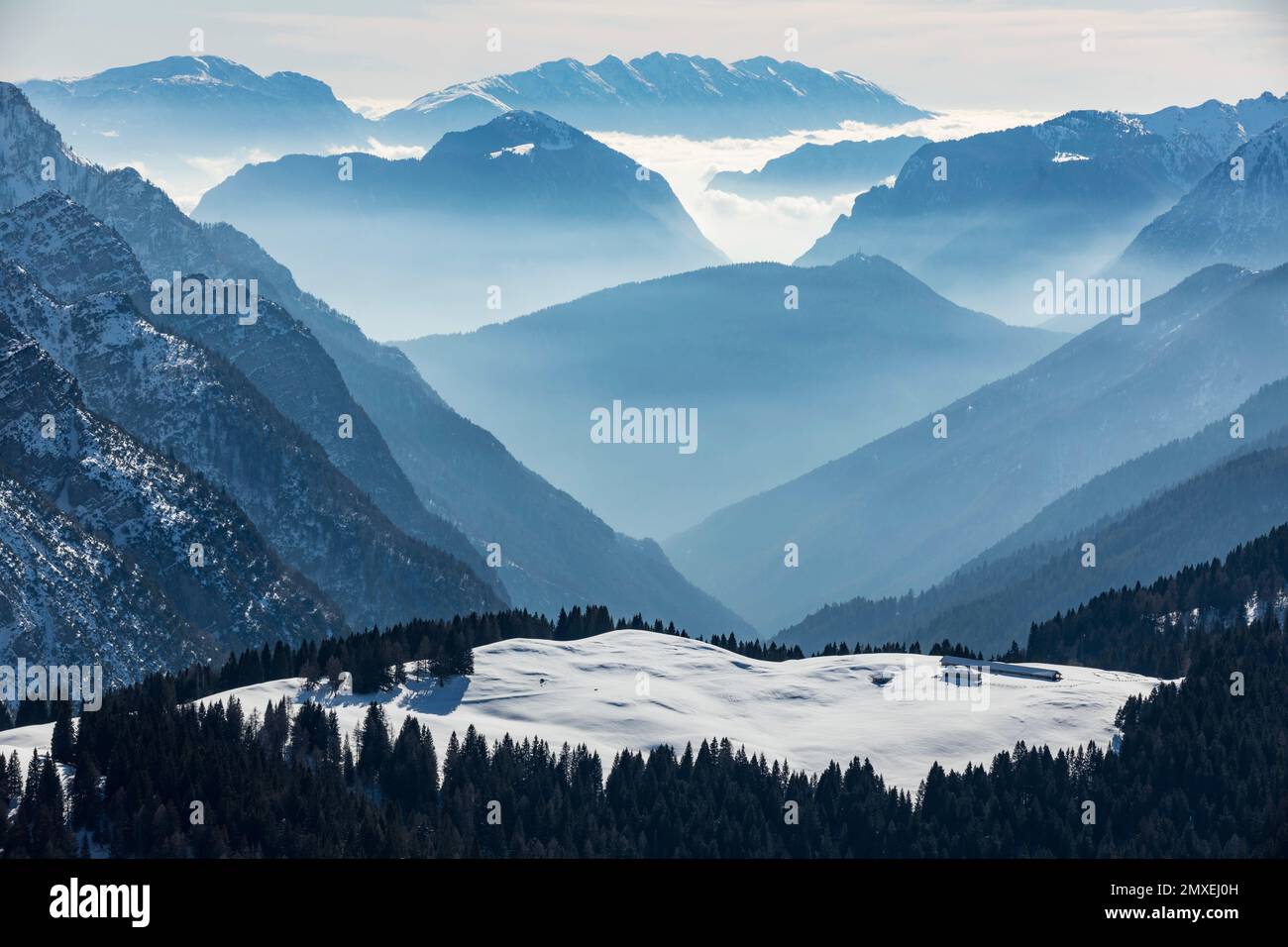 Alpine Peaks, Doss del Sabion, Pinzolo, Trentino. Atemberaubende Landschaften auf einer Höhe von über 2100 Metern. Zentrum des Naturparks Adamello Brenta mit wunderschöner Aussicht Stockfoto